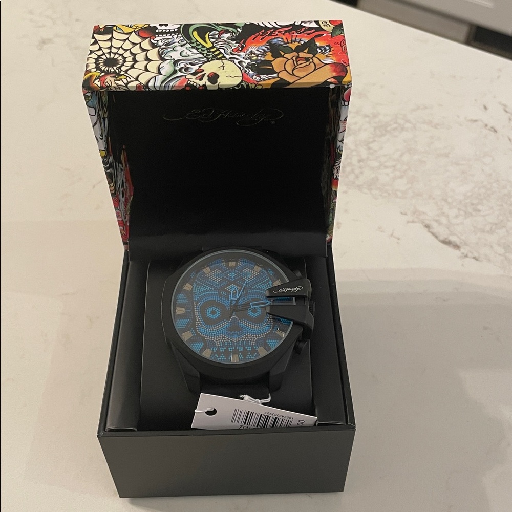 Ed Hardy Black and Blue Skull Dial Watch in box